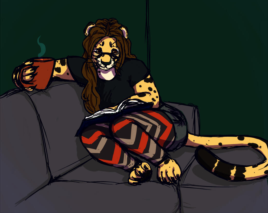 Digital art of Shetani curled up on the couch with a cup of tea, reading a book