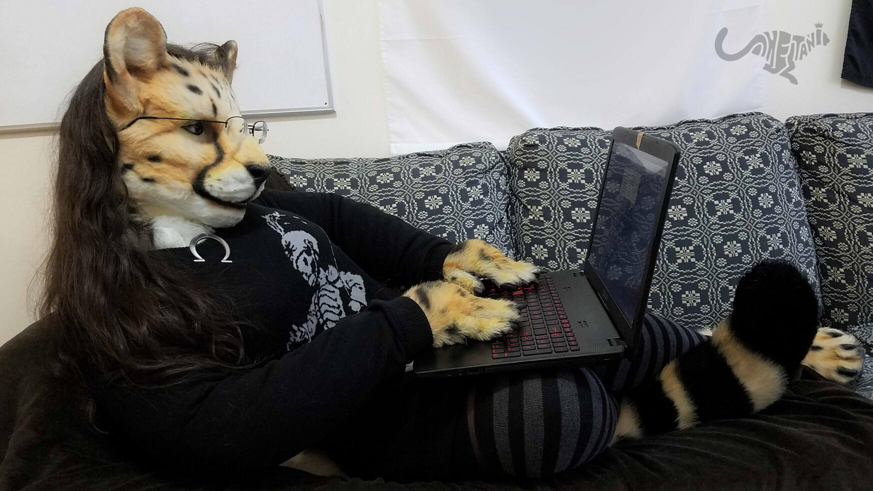 Shetani on the couch using her laptop, wearing just a knitted MCR sweater and gray/black striped thigh-highs.