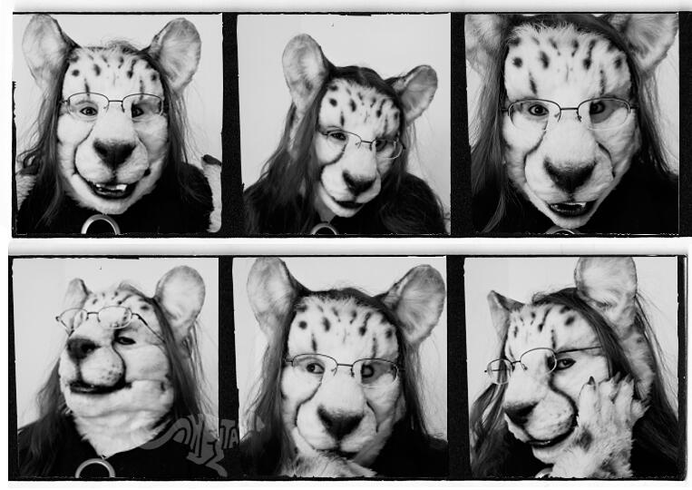 Grayscale photo strip style collage of Shetani making various facial expressions with her unique use-your-own-eyes fursuit