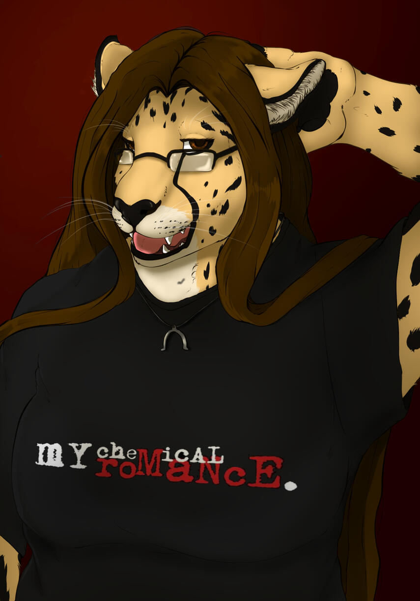 Art of Shetani in an MCR shirt, one handpaw behind her head cockily, smiling/snarling with her tongue out