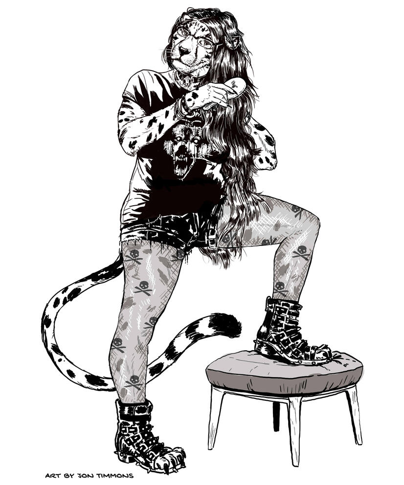 Art of Shetani brushing her hair with one foot up on a stool, wearing a MCR shirt, ripped shorts, spiked paw-boots, and fishnets