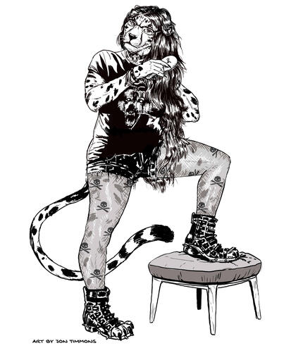 Art of Shetani brushing her hair with one foot up on a stool, wearing a MCR shirt, ripped shorts, spiked paw-boots, and fishnets Art of Shetani brushing her hair with one foot up on a stool, wearing a MCR shirt, ripped shorts, spiked paw-boots, and fishnets