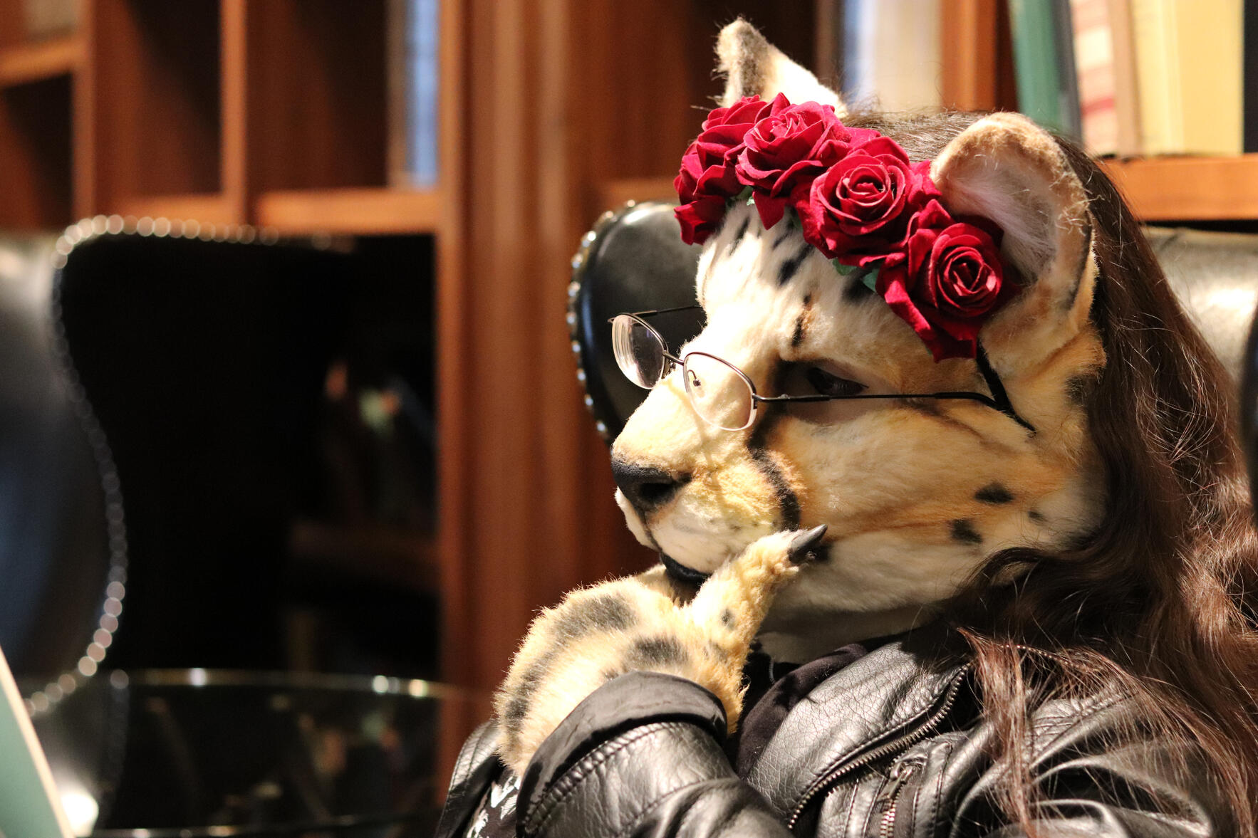 Closeup on Shetani in a library reading a book, one paw to her chin. She wears a red rose flower crown