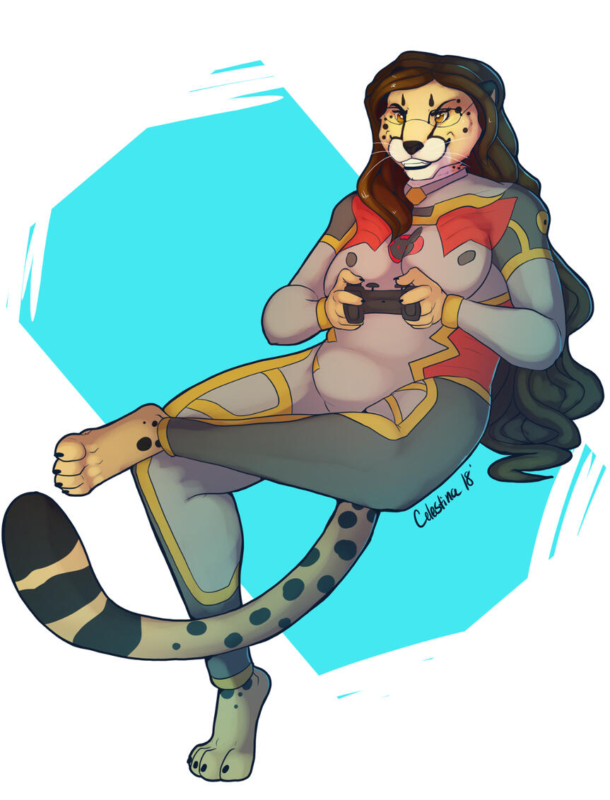 Art of Shetani dressed as D.Va from Overwatch, playing video games