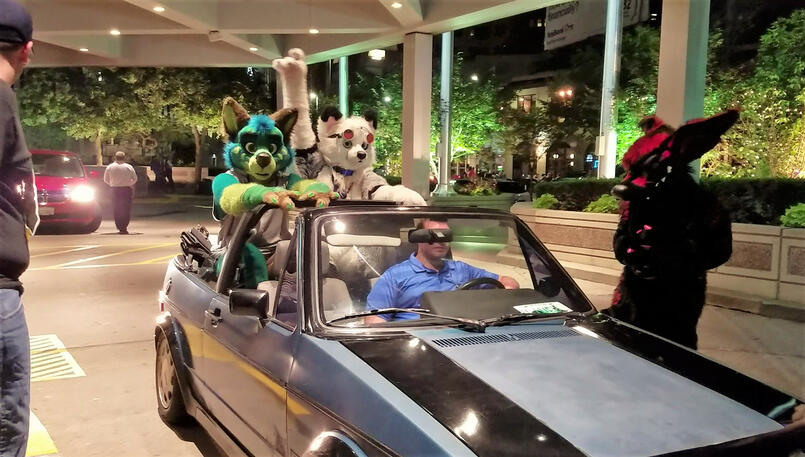 Green/blue dog and white canine fursuiters pulling up in a car
