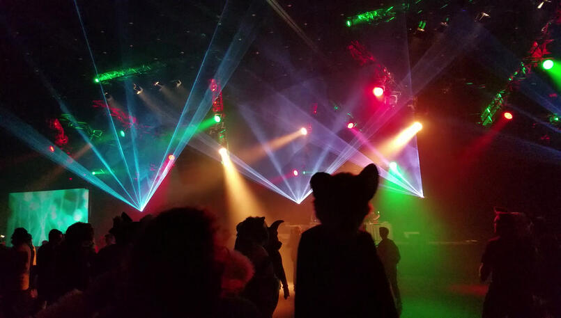Plain-clothes and fursuited silhouettes in front of colorful strobe lights