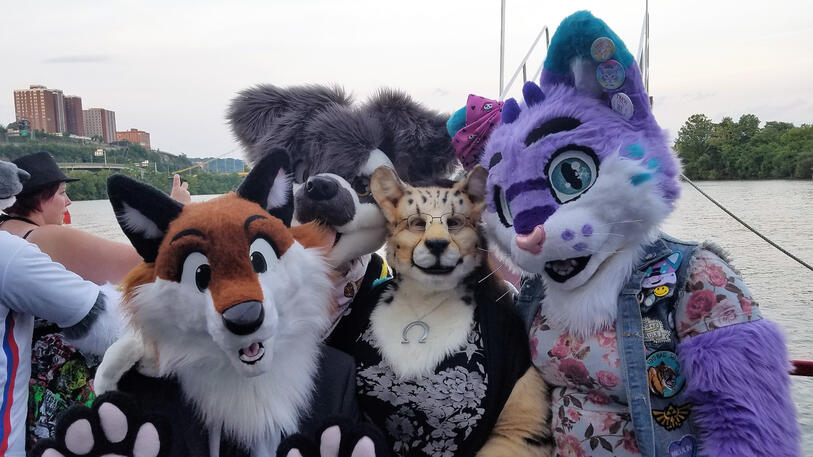 Shetani with Commie the fox and Meulin the pink and blue cat Shetani with Commie the fox and Meulin the pink and blue cat