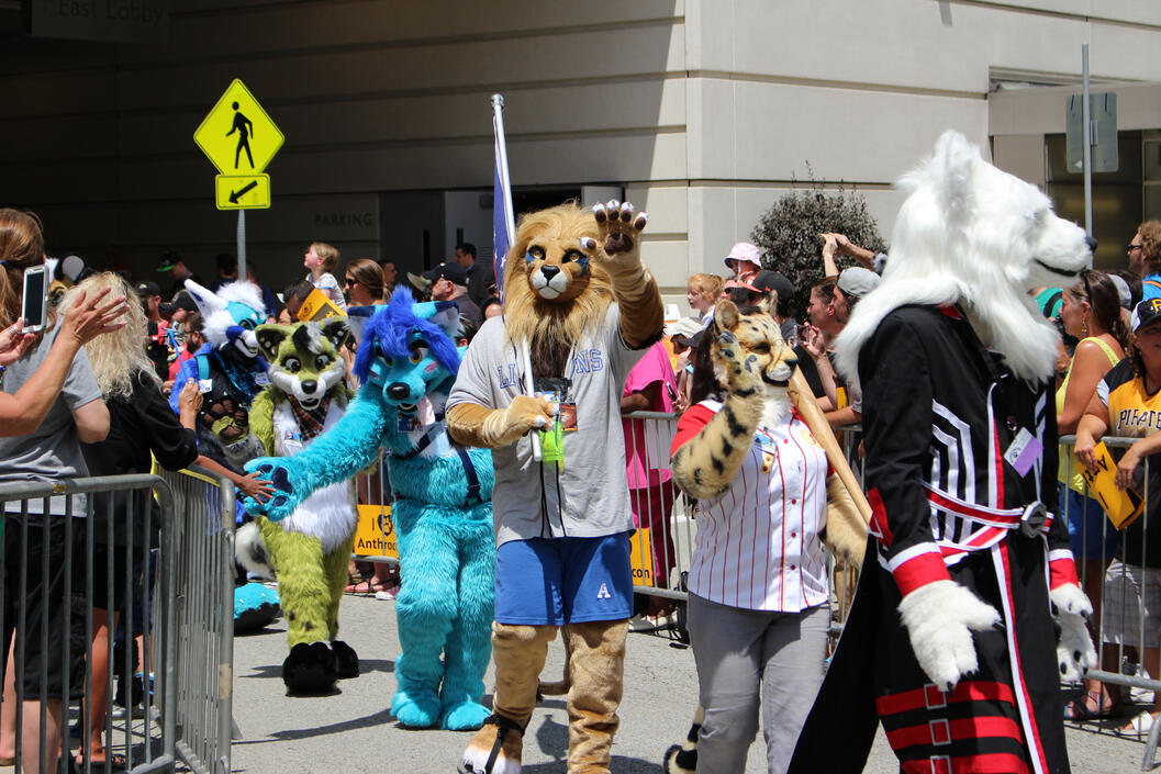Shetani walking in the fursuit parade, waving to spectators