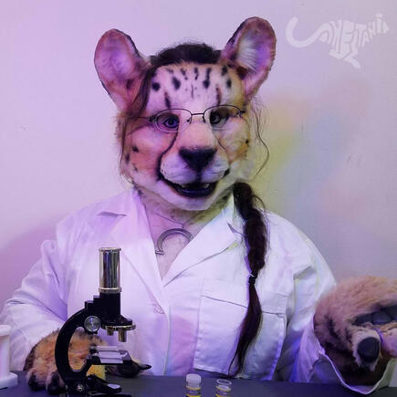 Shetani in fursuit dressed as a scientist, her hair braided in front of her shoulder