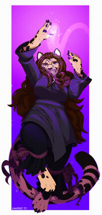 Shetani wearing all black flowing garments, leaping into the air as sparks fly from her paw