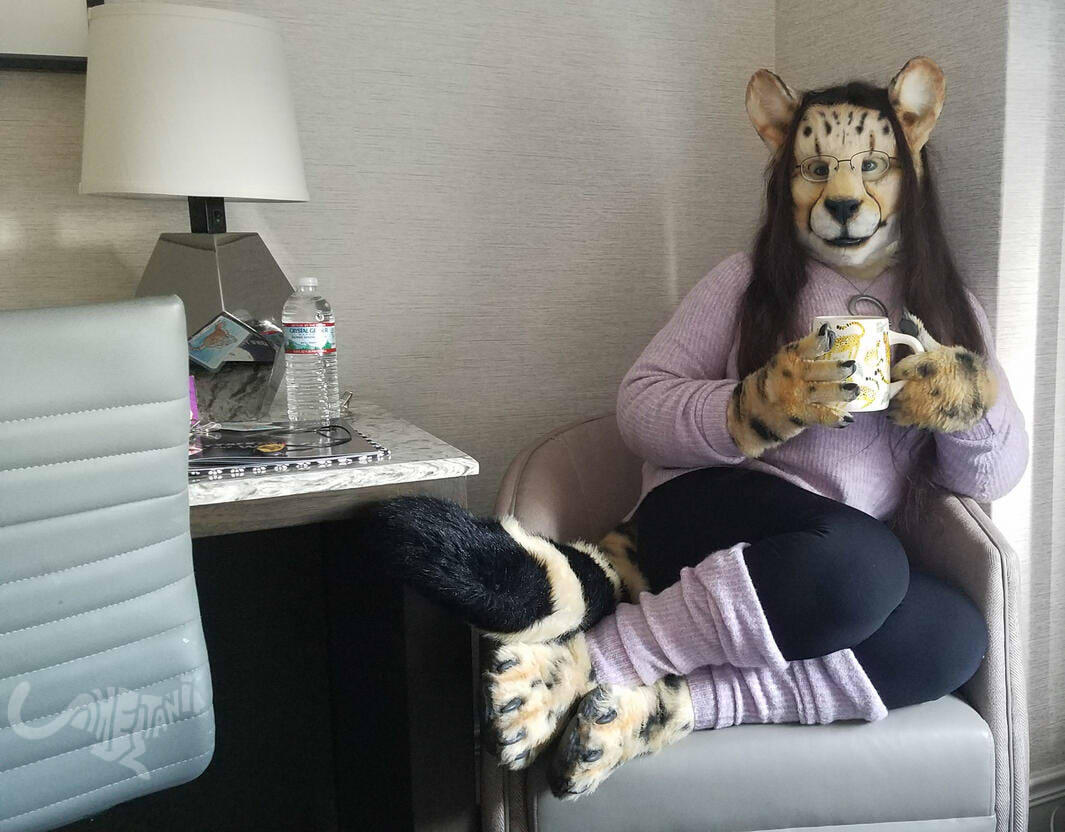 Hotel room from 2019, Shetani sitting in an armchair by a solid wood and marble desk