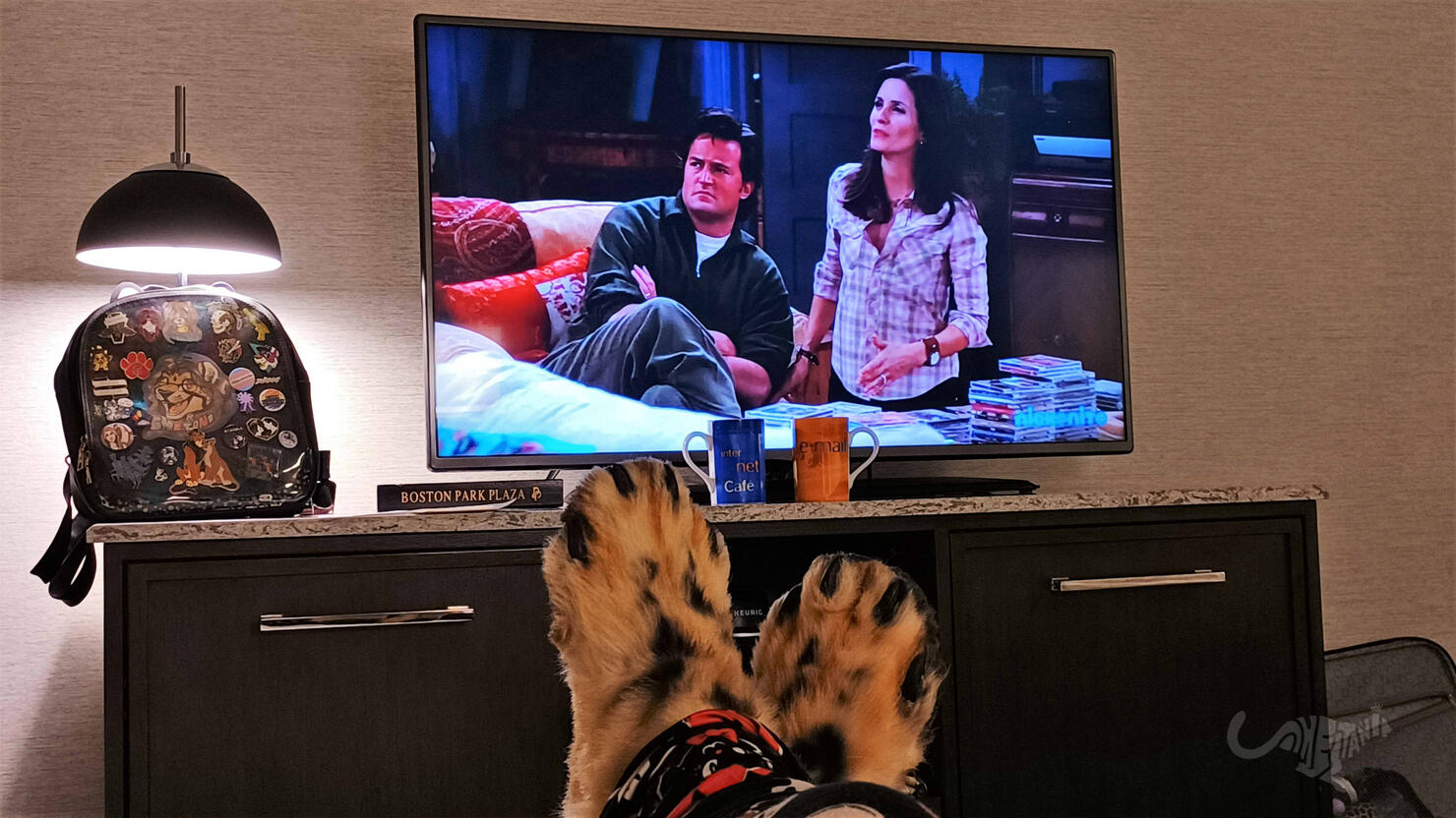 Shetani&#39;s feetpaws up in bed with Friends on the TV. In front of it are two very corny 1990s internet themed mugs, the Boston Park Plaza placard, and Shetani&#39;s ita bag with her pin collection