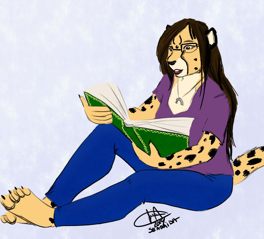 Art of Shetani sitting with a book in her lap