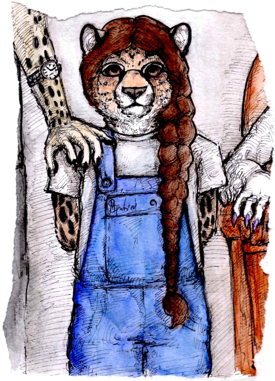 Torn piece of family portrait of Shetani standing solemnly, only the arms of her cheetah father and white cat mother visible