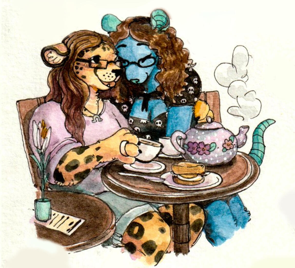 Art of Shetani and Mika snuggling at a cafe, with tea and brunch sandwiches on the table