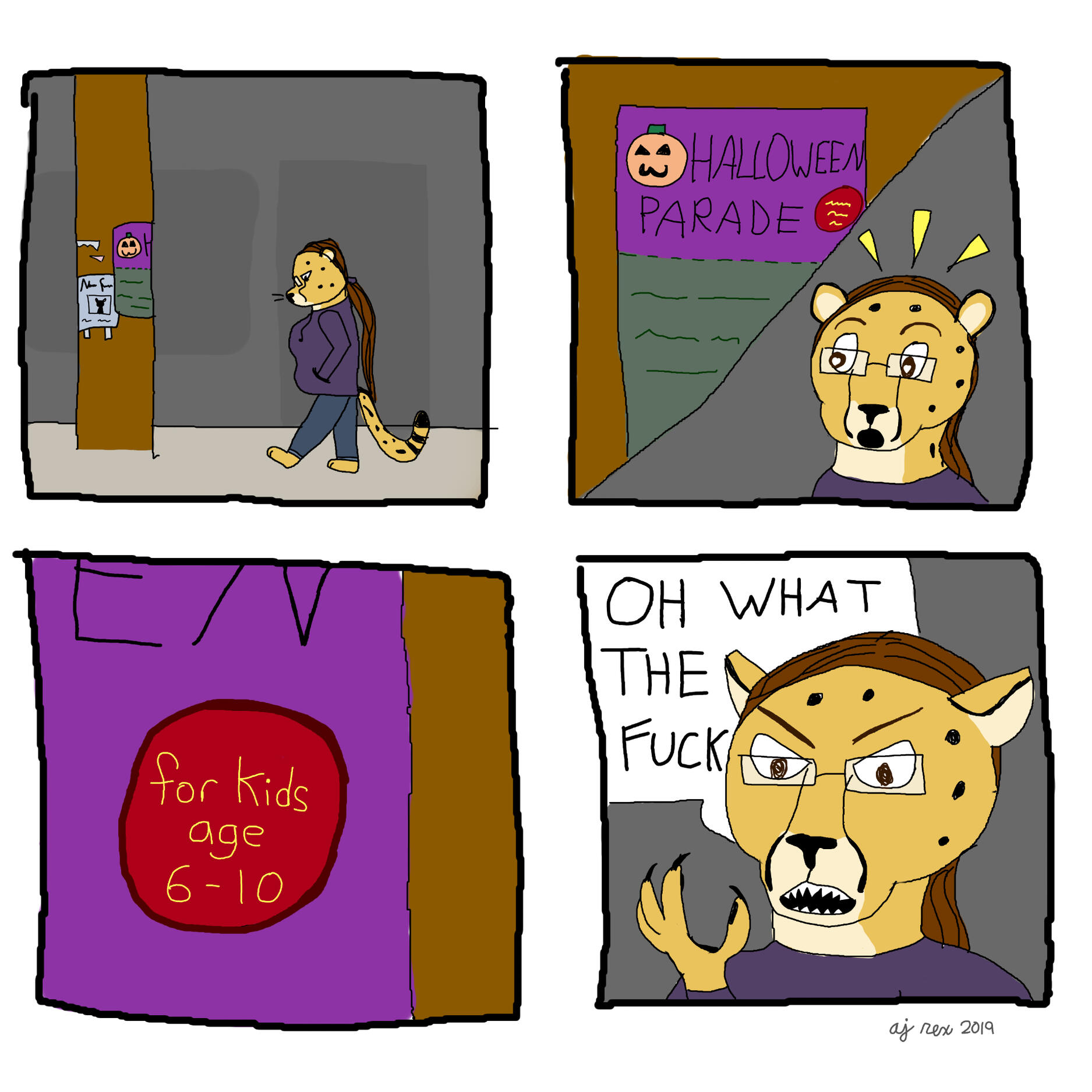 Panel 1: Shetani walking down the street. Panel 2: She excitedly spots a poster for a Halloween parade. Panel 3: Zoom in on the poster that says "for kids age 6-10." Panel 4: Shetani throws her paws up in exasperation and exclaims "OH WHAT THE FUCK"