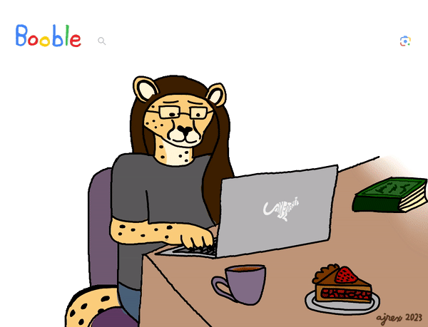 Animation. Shetani is sitting at the computer, looking perplexed, typing online searches for the following: how much is a band? why call a cheetah a goat? what does ate mean? is w good or bad? how do you do fellow kids? She ages into a gray-haired old lady