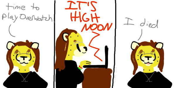 Panel 1: Shetani says "Time to play Overwatch!" Panel 2: "IT'S HIGH NOON" blasts out of the computer. Panel 3: Shetani says "I died"