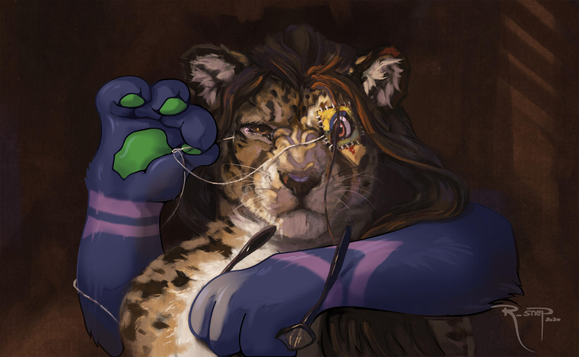 Shetani weeping in defiance as a pair of cartoon furry arms wrap around her and sew a cartoon eye patch over her bleeding eye