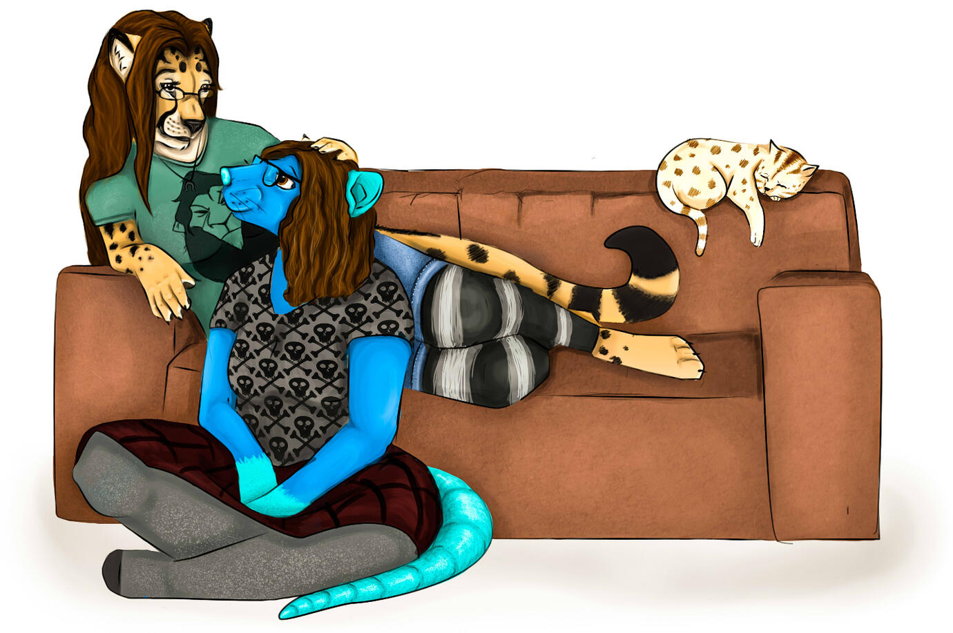 Art of Shetani and Mika cuddling on a couch while their cat sleeps