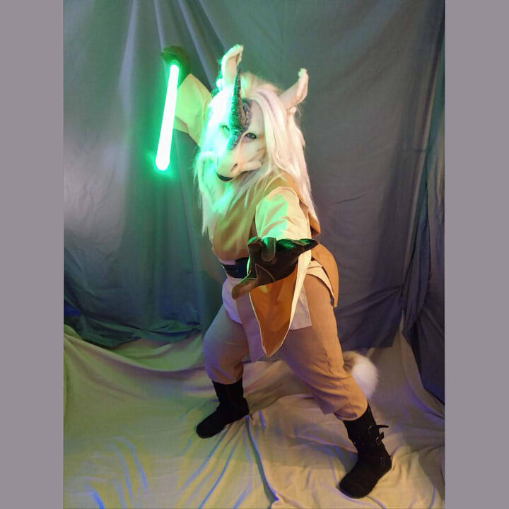 Kirin the kirin dressed as a Jedi Knight from Star Wars