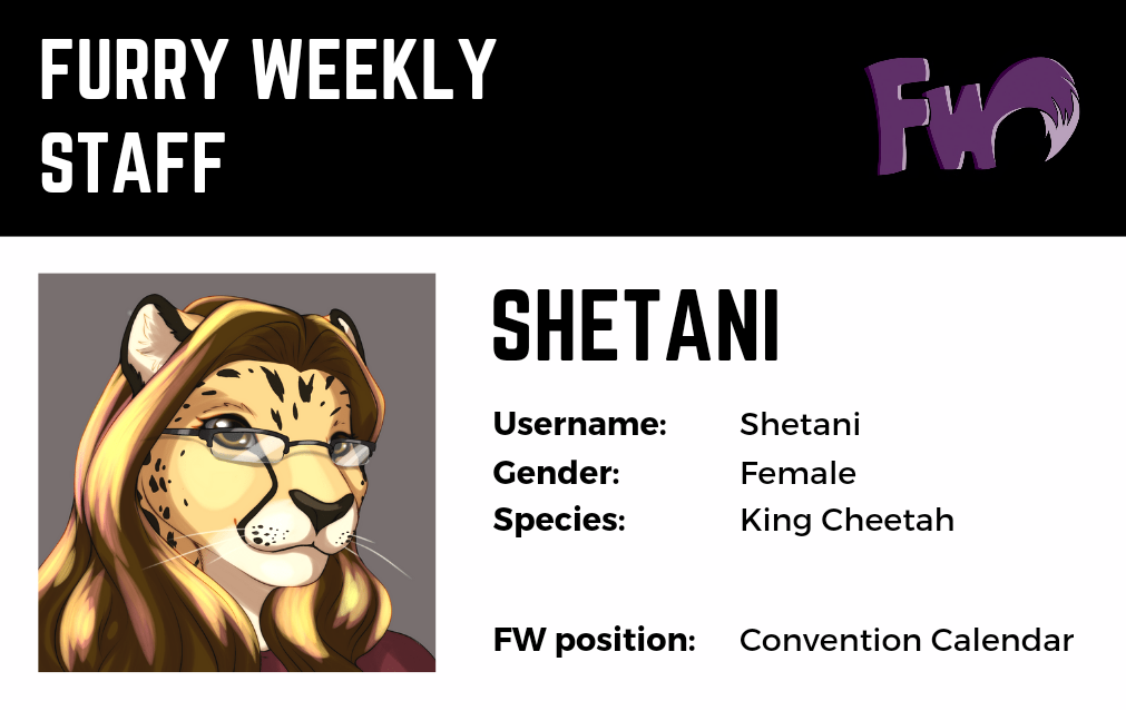 Furry Weekly staff ID card with a portrait of Shetani, identifying her name, gender, species, and position as Convention Calendar host.