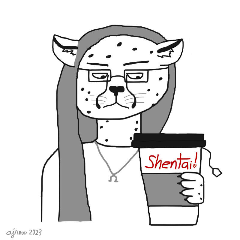 Shetani glowering at her paper cafe cup of tea. The barista has misspelled her name as "Shentai" with a heart